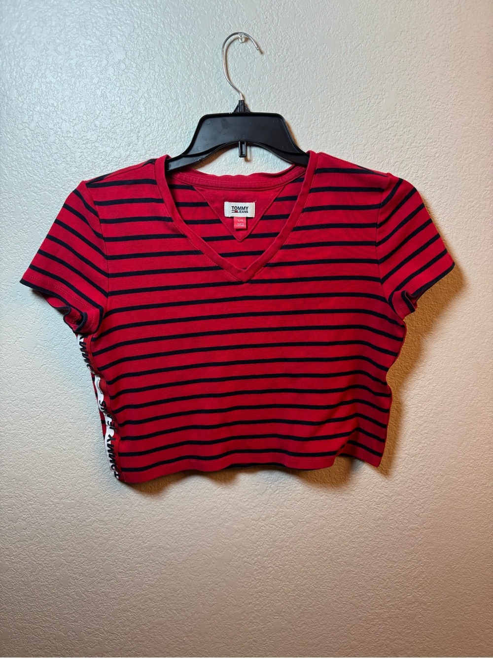 Tommy Jeans Red & Black Striped V-Neck Crop Top - Size L